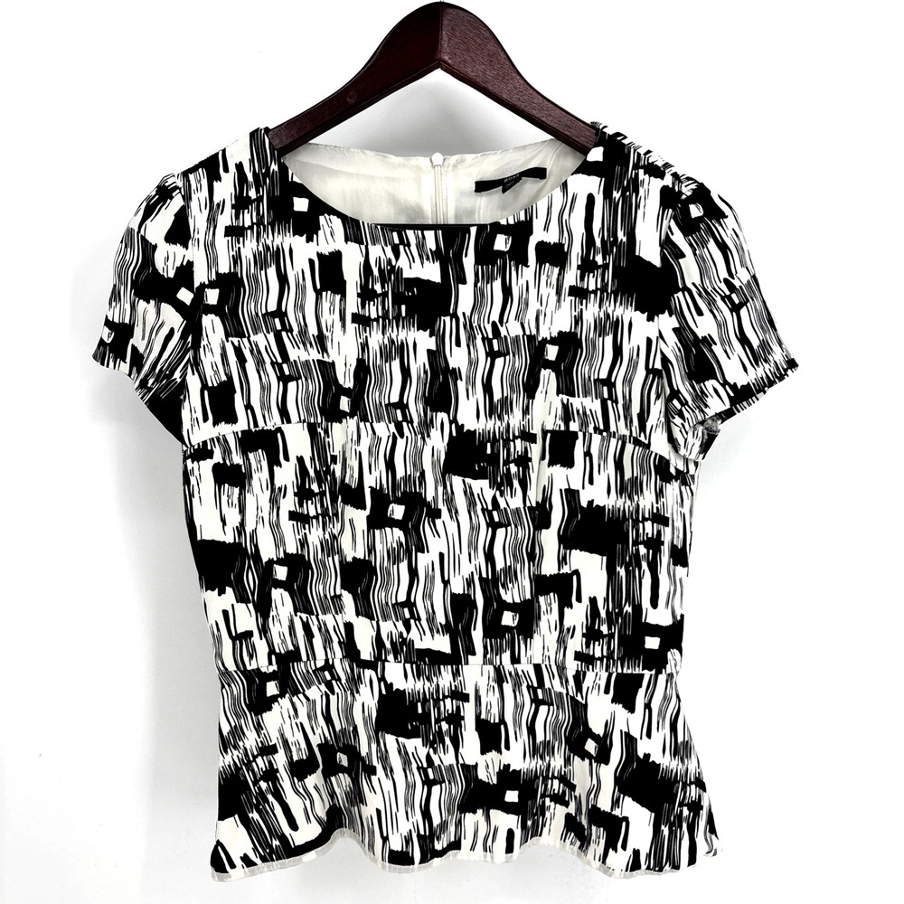 BOSS Hugo Boss Shirt Womens Black White Abstract Short Sleeve Peplum Zip Back 4